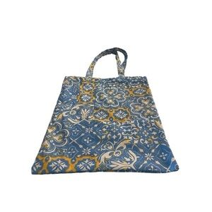 FREE PEOPLE Majolica Pattern Tote Bag Blue & Yellow Floral Geometric Design